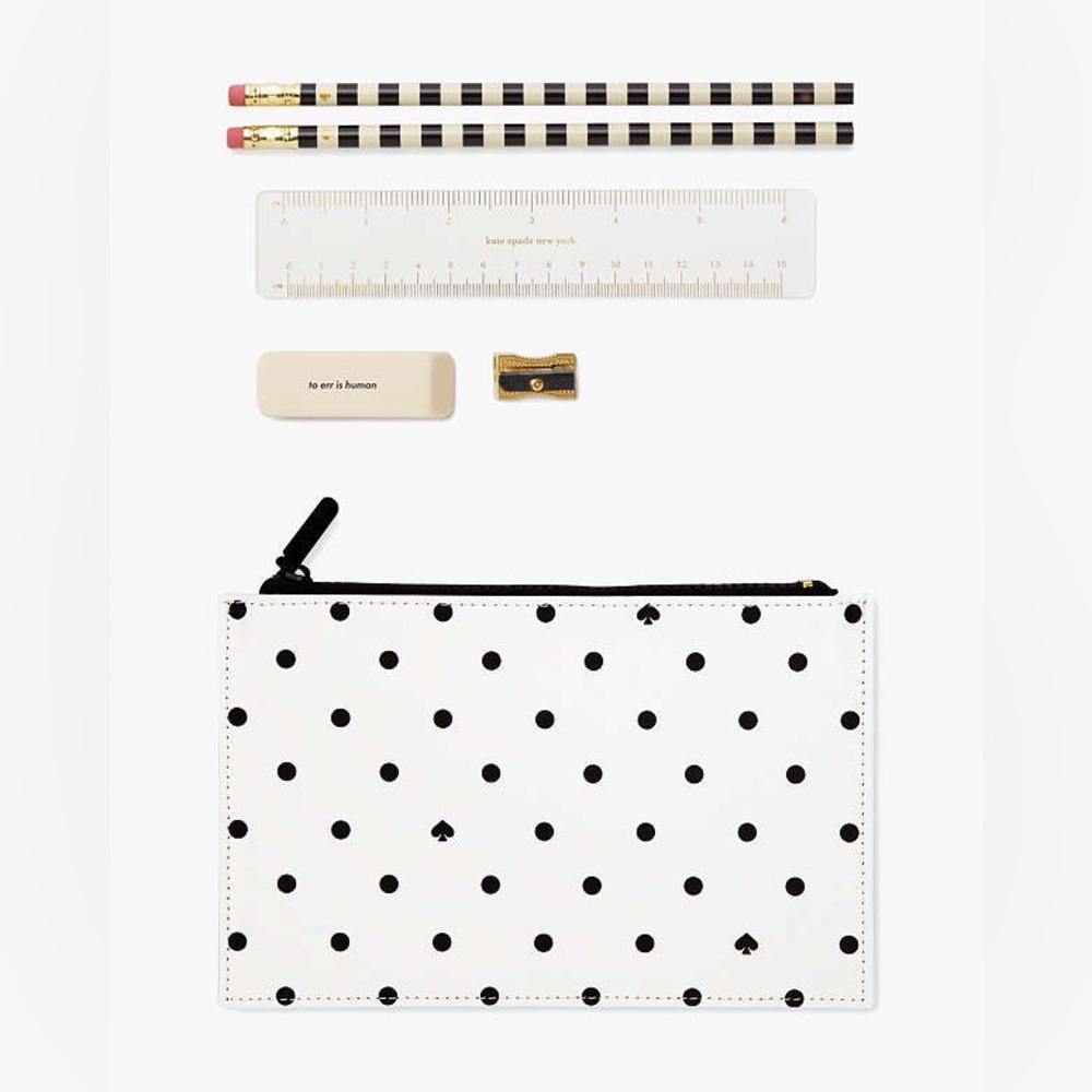 Kate Spade New York Black Spade Dot Pencil Pouch White w/Black Polka Dots NWT